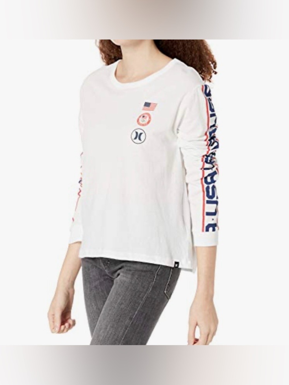 Hurley White Long Sleeve USA Graphic Logo Tee with Blue & Red Sleeve Print